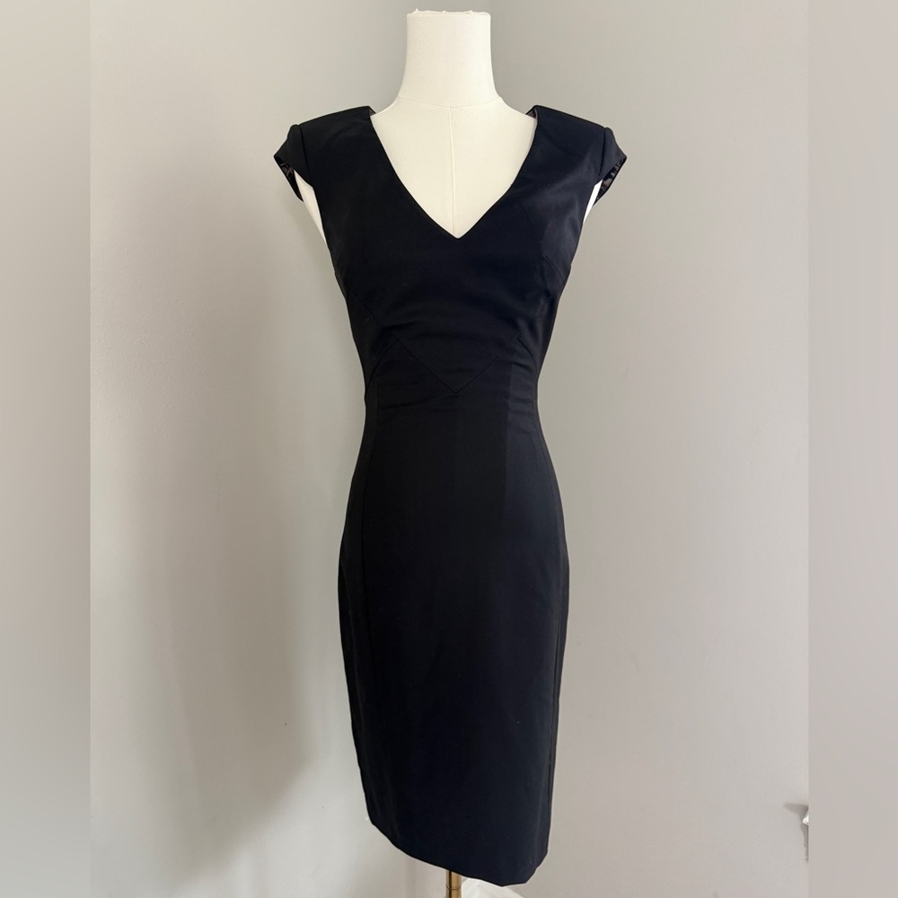 Ted Baker Black V-Neck Midi Sheath Dress Tailored Cap Sleeve 0